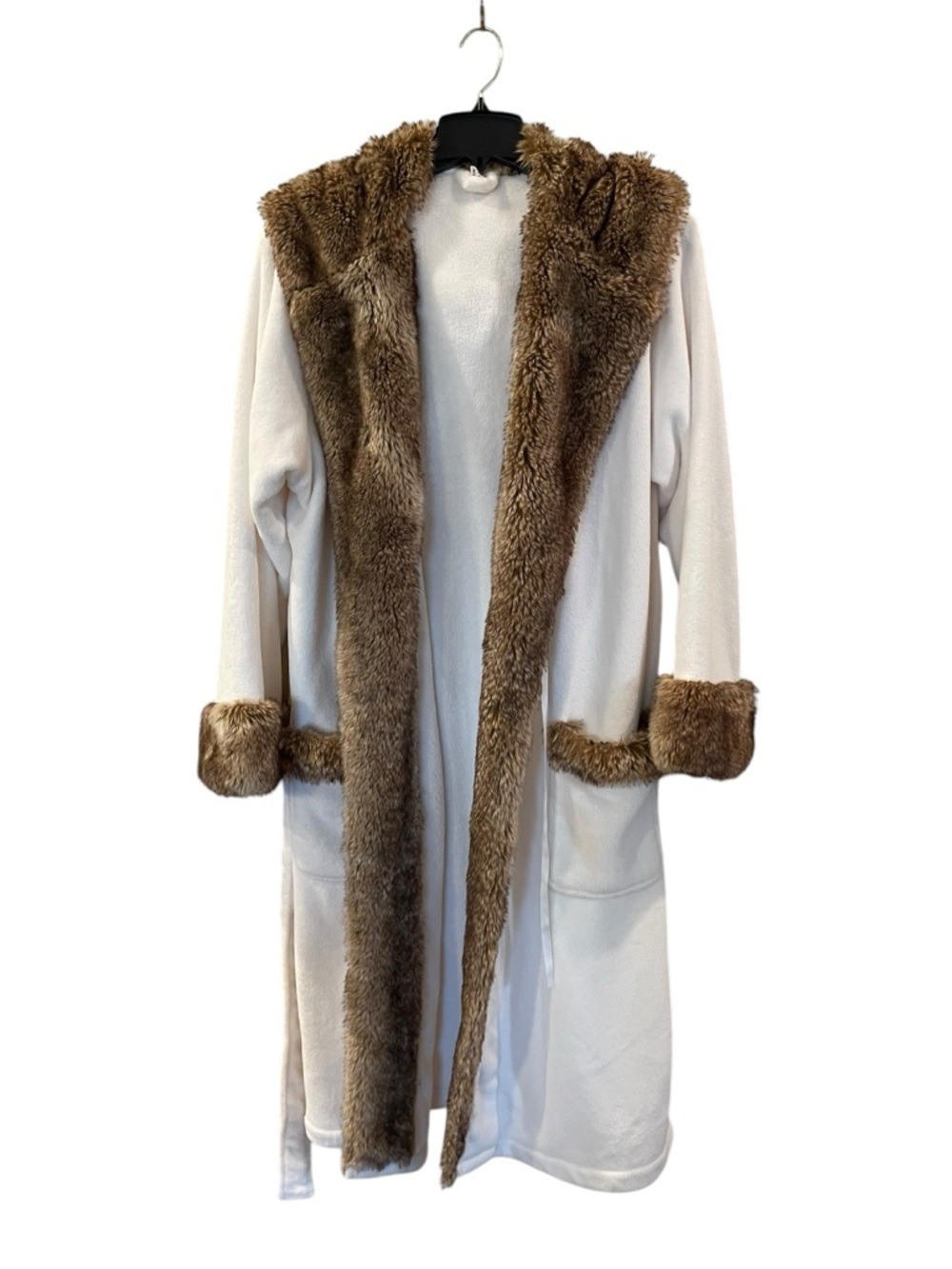 POTTERY BARN Ombre FAUX FUR Collar ROBE CREAM Carmel Trim With Hood Size: Large